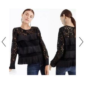 J.Crew H2354 Women's Sz 6 Holiday Chic Tiered Black Lace Satin Top Long Slv at